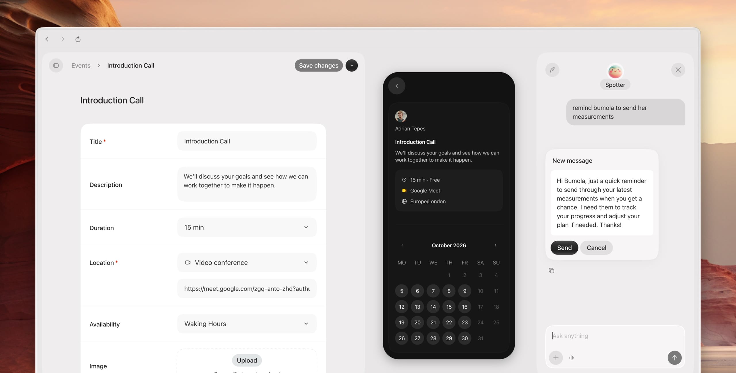 The event editor, with a live booking page preview