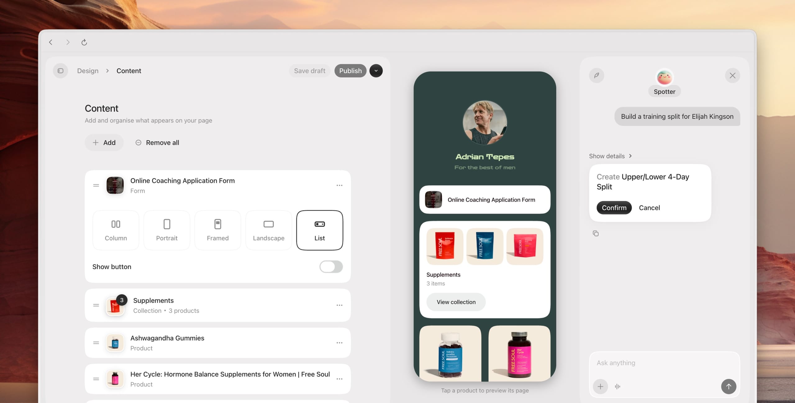 The link in bio builder, with a live phone preview