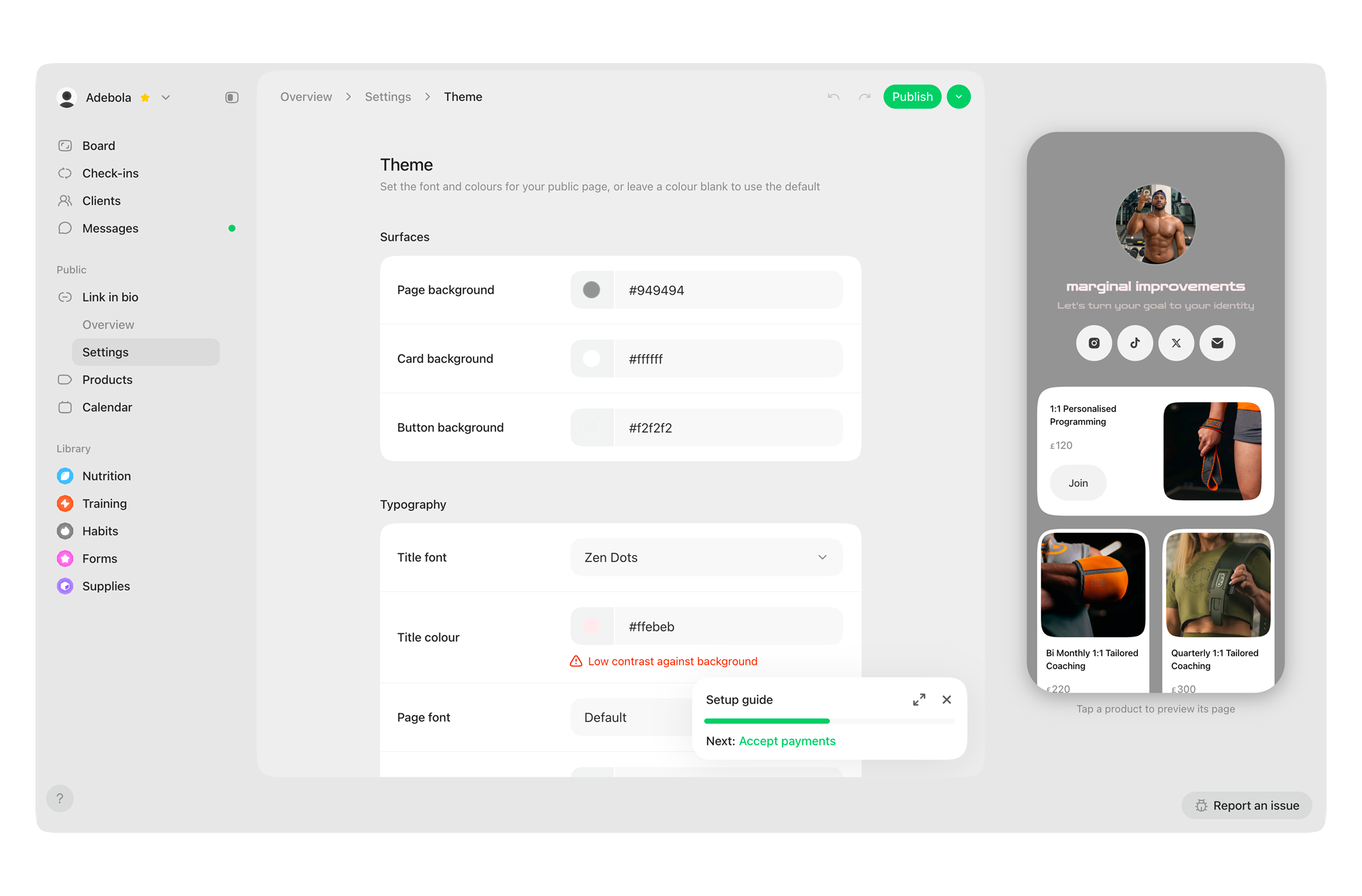 Set page, card, and button colours, with a live contrast check.